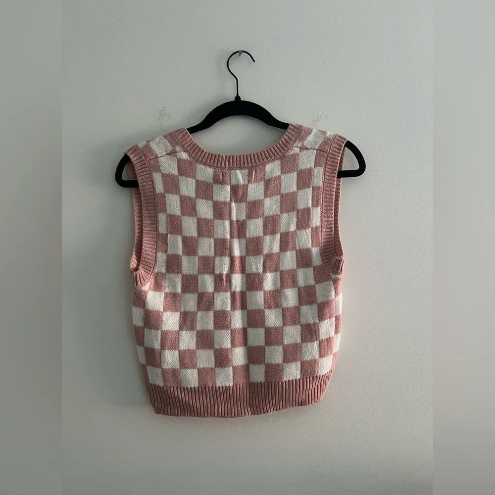 Just Polly Pink & White Checkered Knit Sweater Vest | Size Small - Picture 4 of 4